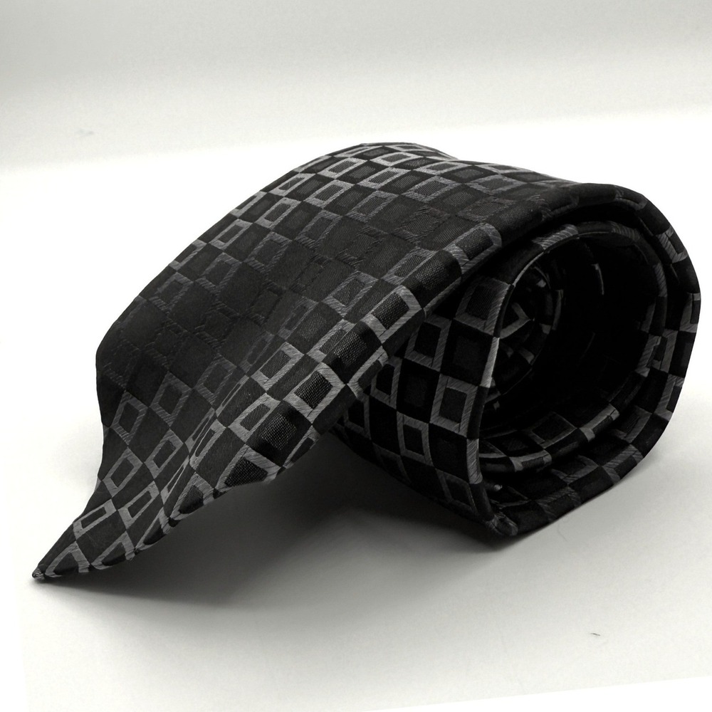 Kenneth Cole Reaction Mens Black Geometric Silk Necktie Tie